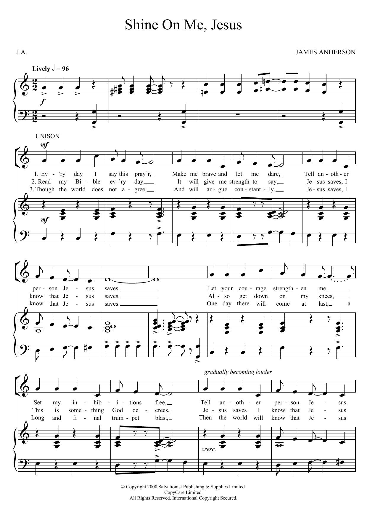Learn to play The Salvation Army Shine On Me, Jesus sheet music for Unison Choir in minutes. The Salvation Army Shine On Me, Jesus sheet music notes and chords