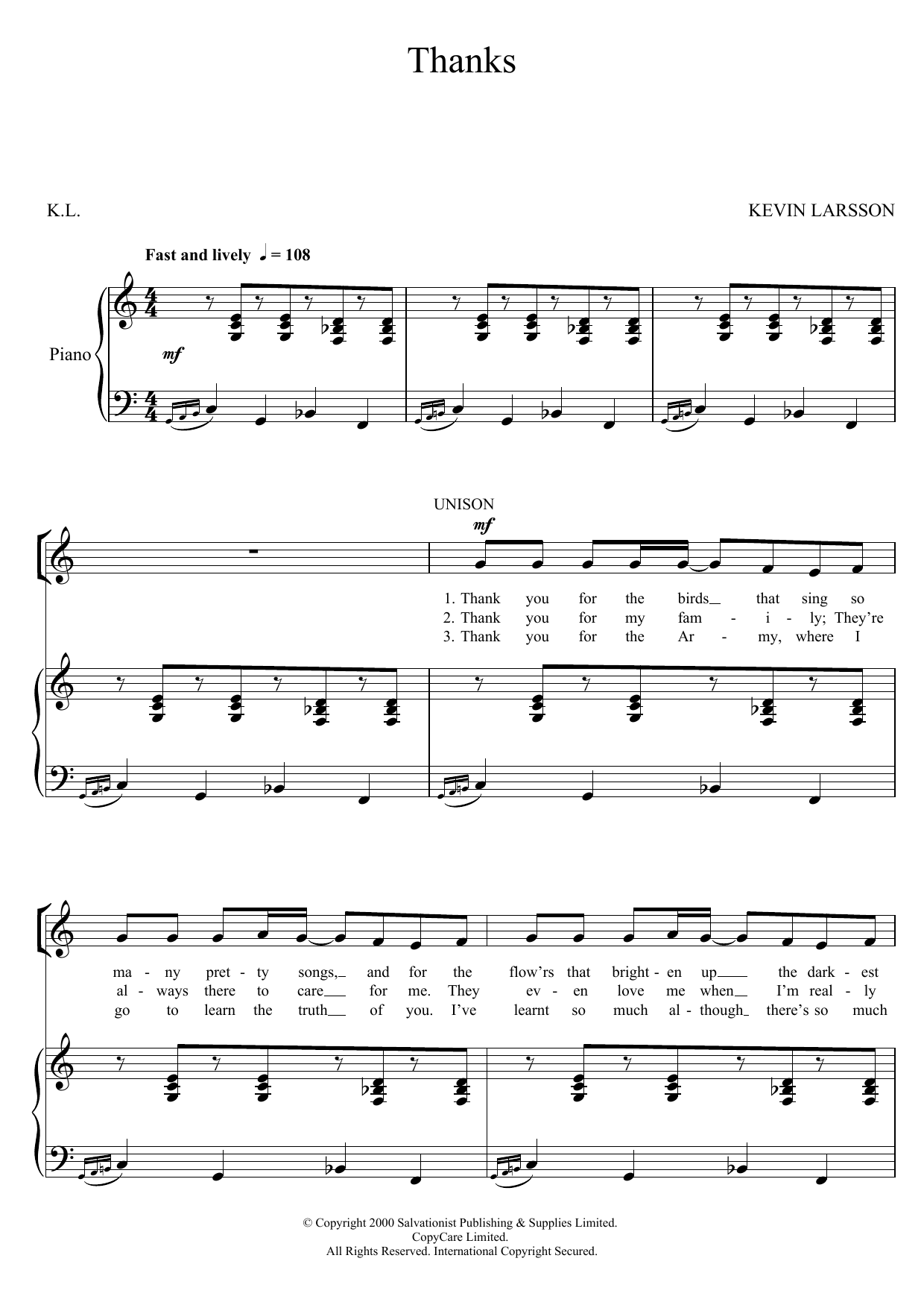 The Salvation Army Thanks sheet music notes and chords. Download Printable PDF.