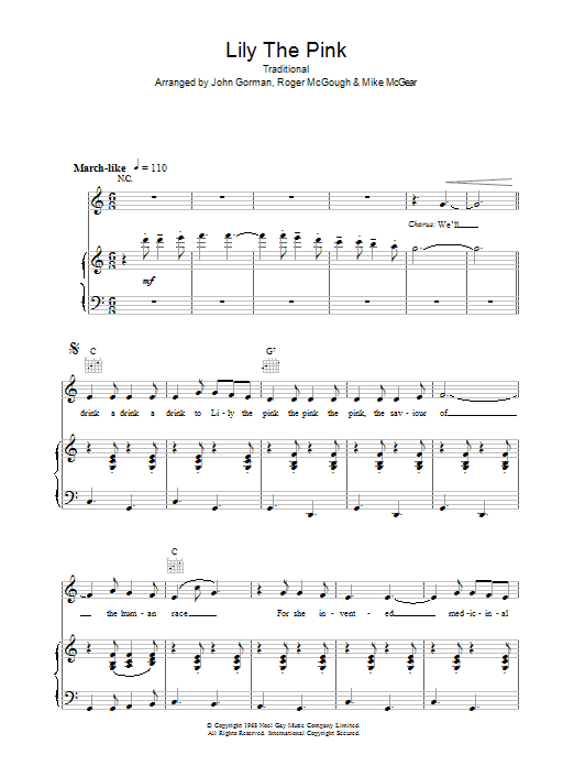 Learn to play Traditional Lily The Pink sheet music for Lead Sheet / Fake Book in minutes. Price: 5.9900$ Traditional Lily The Pink sheet music notes and chords arranged for Lead Sheet / Fake Book