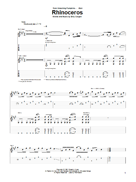 The Smashing Pumpkins Rhinoceros sheet music notes and chords. Download Printable PDF.