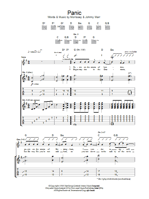 The Smiths Panic sheet music notes and chords. Download Printable PDF.