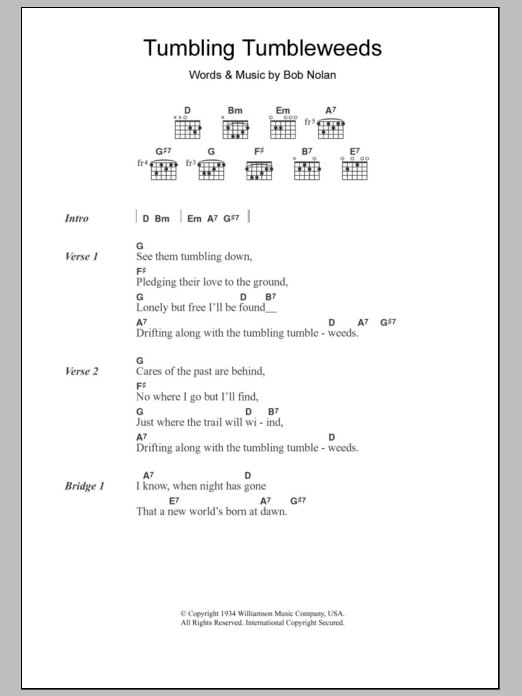 Learn to play The Sons Of Pioneers Tumbling Tumbleweeds sheet music for Guitar Chords/Lyrics in minutes. The Sons Of Pioneers Tumbling Tumbleweeds sheet music notes and chords. Download Printable PDF.