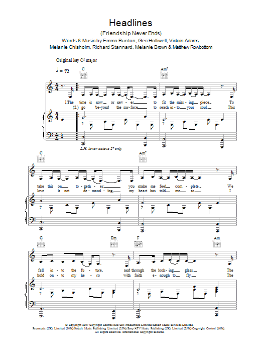 Learn to play The Spice Girls Headlines (Friendship Never Ends) sheet music for Beginner Piano in minutes. Price: 6.9900$ The Spice Girls Headlines (Friendship Never Ends) sheet music notes and chords. Download Printable PDF.