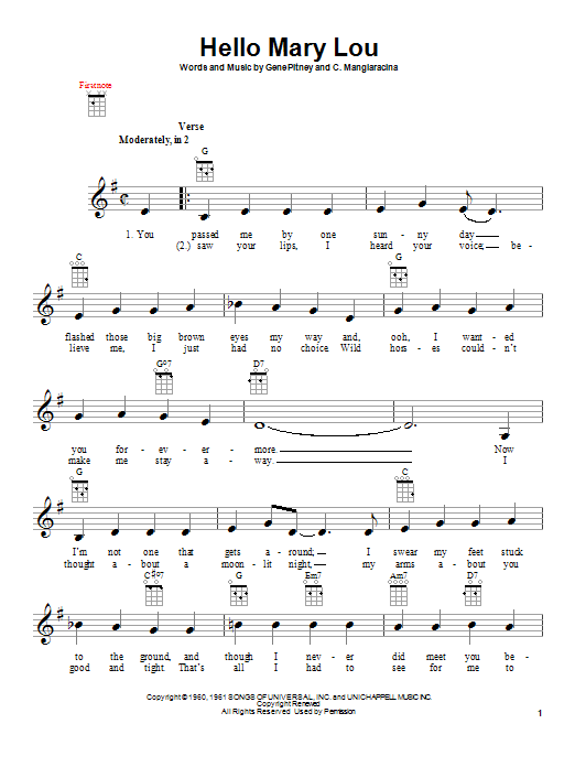 Learn to play The Statler Brothers Hello Mary Lou sheet music for Ukulele in minutes. The Statler Brothers Hello Mary Lou sheet music notes and chords. Download Printable PDF.