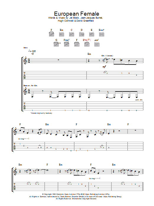 The Stranglers European Female sheet music notes and chords. Download Printable PDF.