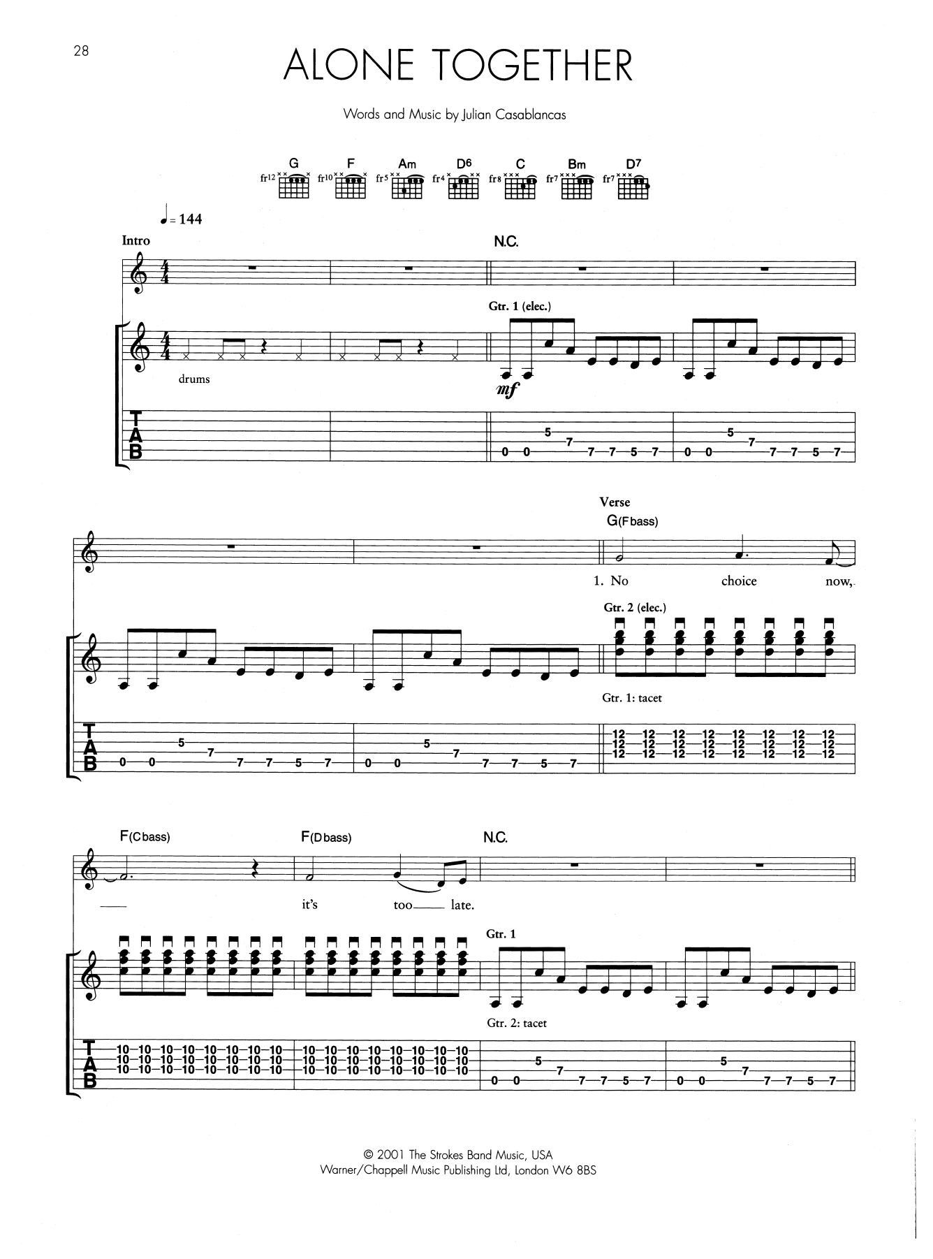 The Strokes Alone Together sheet music notes and chords. Download Printable PDF.