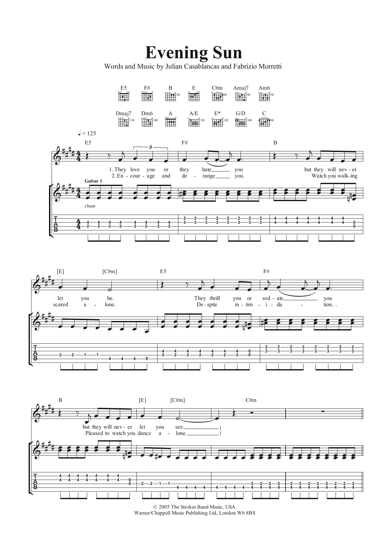 The Strokes Evening Sun sheet music notes and chords. Download Printable PDF.