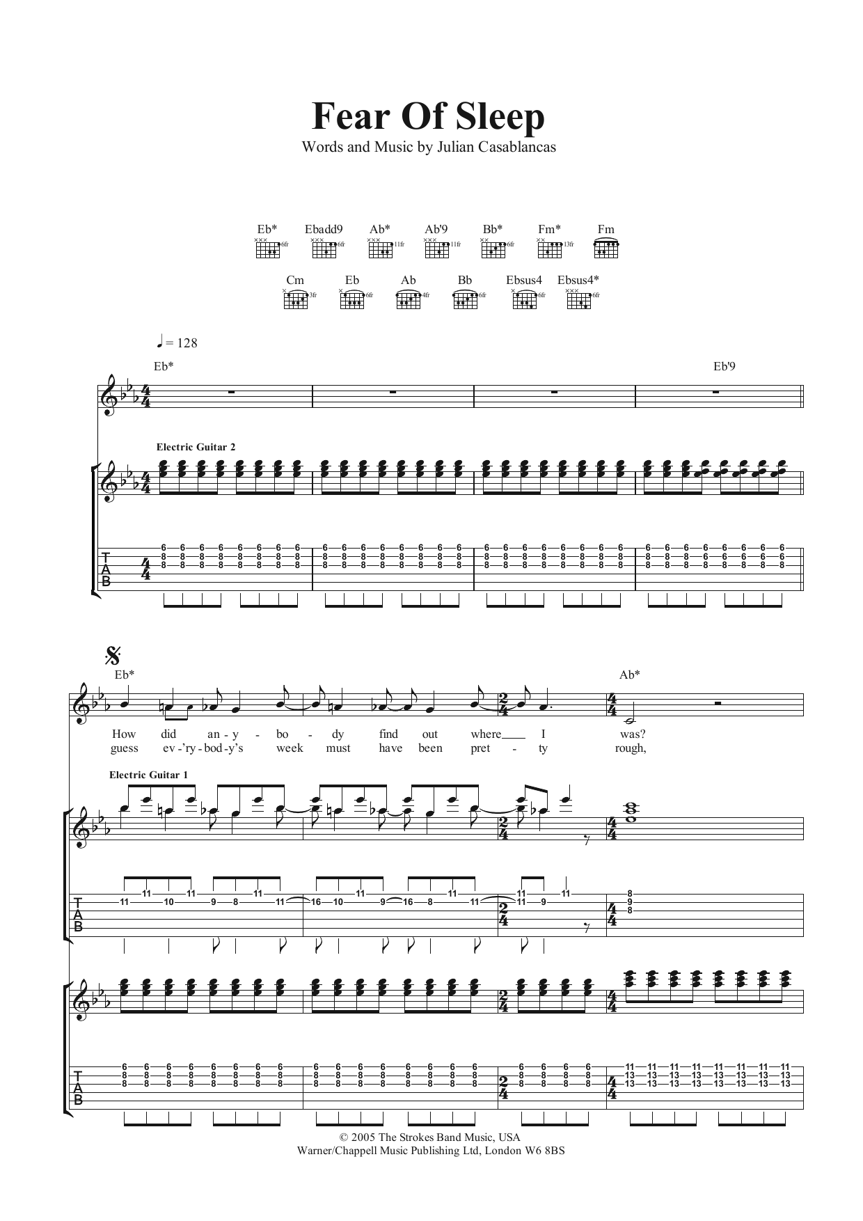 The Strokes Fear Of Sleep sheet music notes and chords. Download Printable PDF.