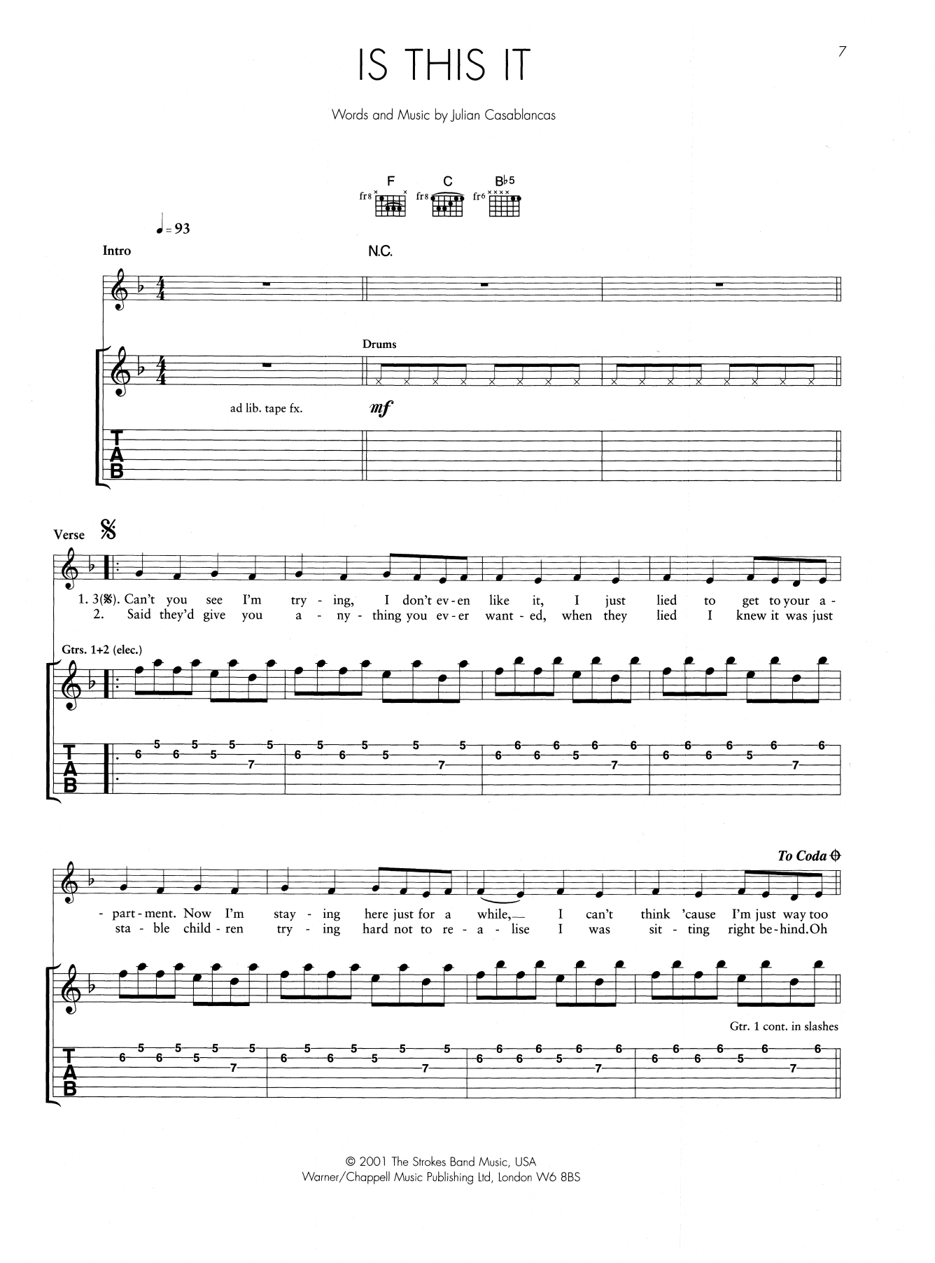 The Strokes Is This It sheet music notes and chords. Download Printable PDF.