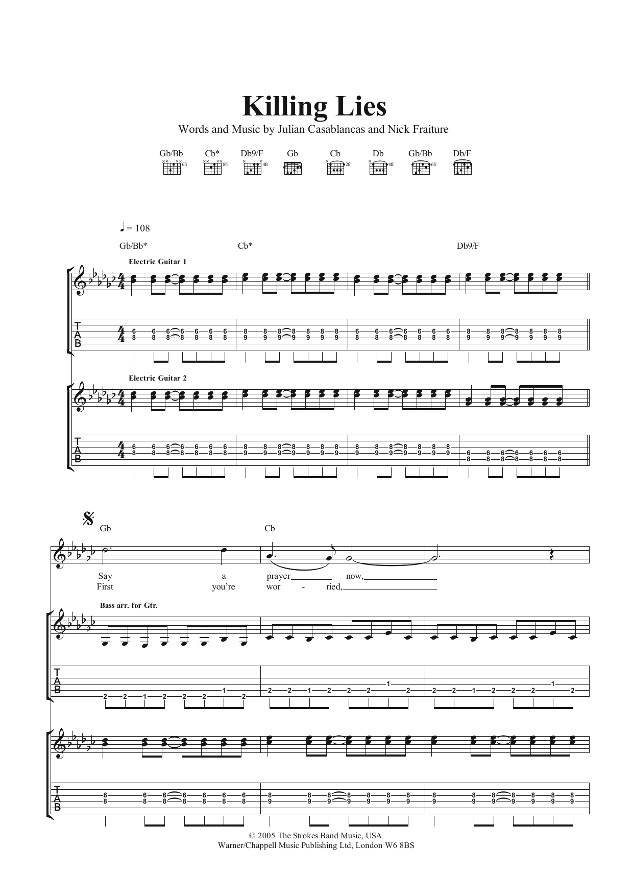 The Strokes Killing Lies sheet music notes and chords. Download Printable PDF.