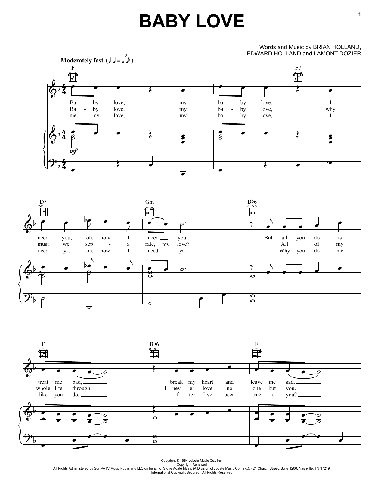 Learn to play The Supremes Baby Love sheet music for Piano, Vocal & Guitar (Right-Hand Melody) in minutes. The Supremes Baby Love sheet music notes and chords. Download Printable PDF.
