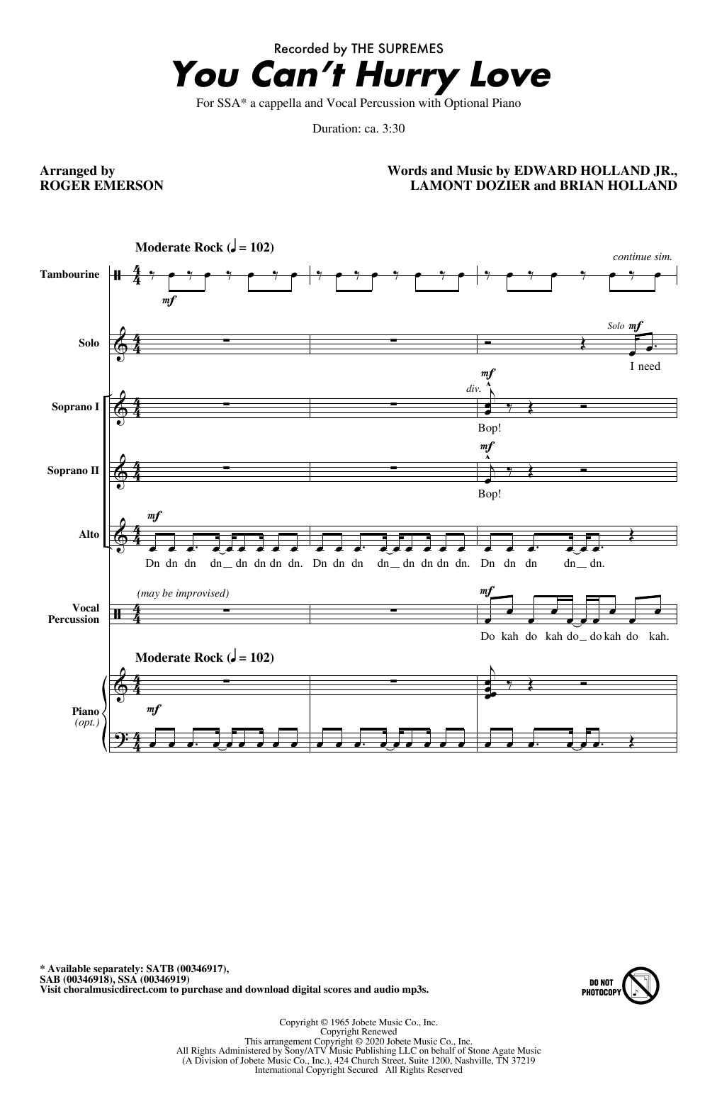 The Supremes You Can T Hurry Love Arr Roger Emerson Sheet Music Notes Chords Download Printable Pdf Score