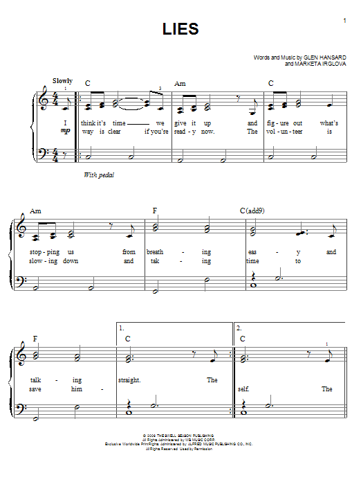 The Swell Season Lies sheet music notes and chords. Download Printable PDF.