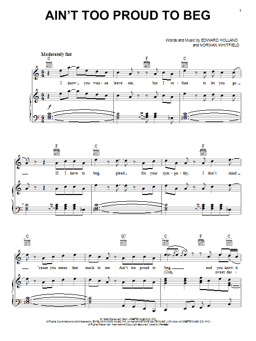 Learn to play The Temptations Ain't Too Proud To Beg sheet music for Piano, Vocal & Guitar (Right-Hand Melody) in minutes. The Temptations Ain't Too Proud To Beg sheet music notes and chords. Download Printable PDF.