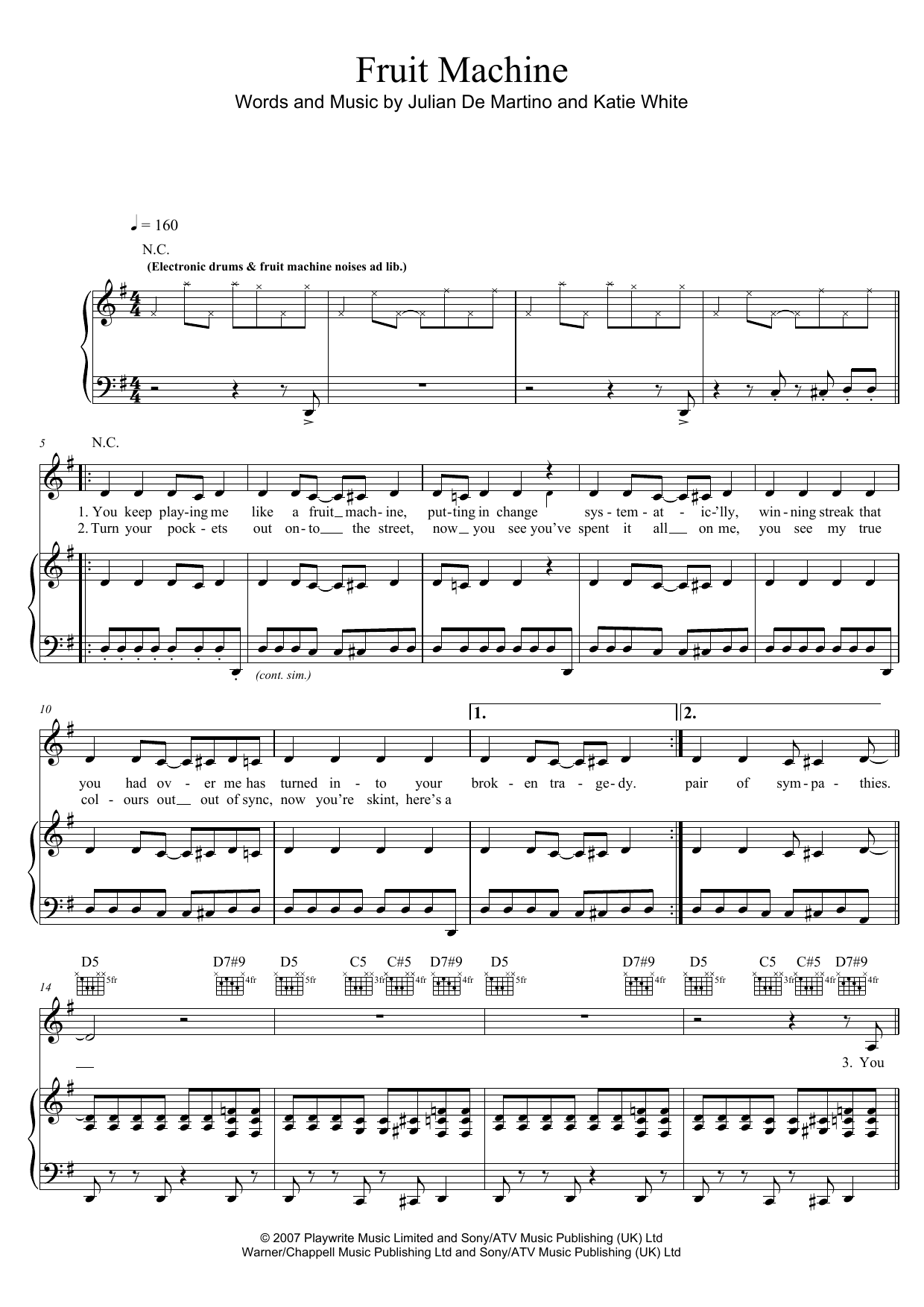 The Ting Tings Fruit Machine sheet music notes and chords. Download Printable PDF.