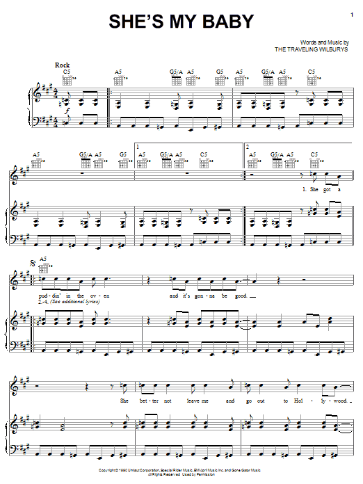 The Traveling Wilburys She S My Baby Sheet Music Pdf Notes Chords Rock Score Piano Vocal Guitar Right Hand Melody Download Printable Sku 62743