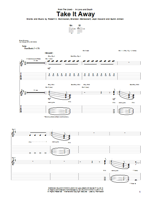 The Used Take It Away sheet music notes and chords. Download Printable PDF.