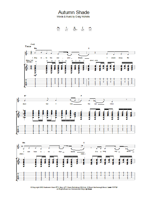 The Vines Autumn Shade sheet music notes and chords arranged for Guitar Tab