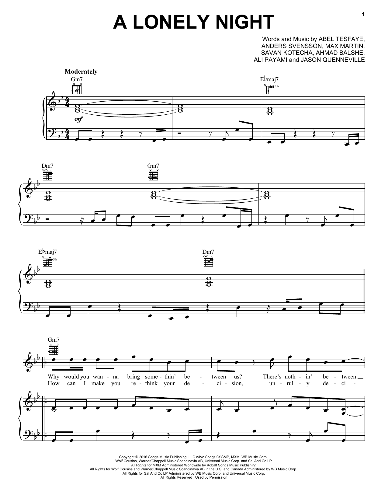 The Weeknd 'A Lonely Night' Sheet Music, Chords & Lyrics.