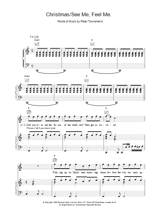 Learn to play The Who Christmas/See Me Feel Me sheet music for Piano, Vocal & Guitar (Right-Hand Melody) in minutes. The Who Christmas/See Me Feel Me sheet music notes and chords