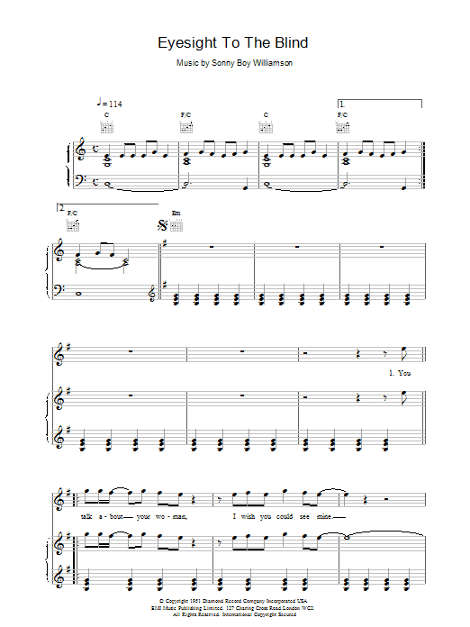 Learn to play The Who Eyesight To The Blind sheet music for Piano, Vocal & Guitar (Right-Hand Melody) in minutes. The Who Eyesight To The Blind sheet music notes and chords