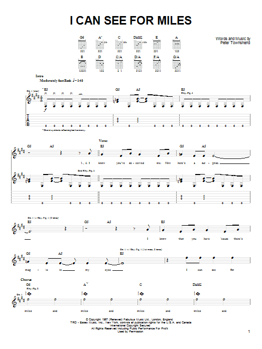 Learn to play The Who I Can See For Miles sheet music for Lead Sheet / Fake Book in minutes. Price: 5.9900$ The Who I Can See For Miles sheet music notes and chords arranged for Lead Sheet / Fake Book