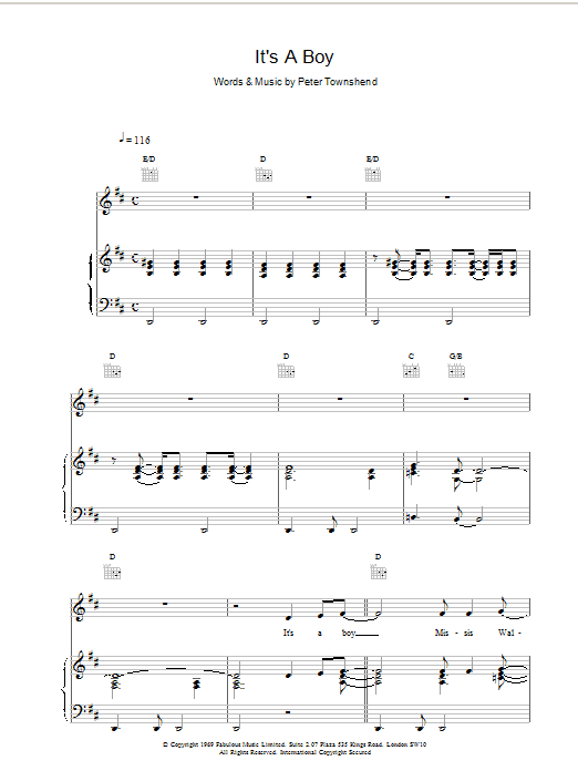 Learn to play The Who It's A Boy sheet music for Piano, Vocal & Guitar (Right-Hand Melody) in minutes. The Who It's A Boy sheet music notes and chords