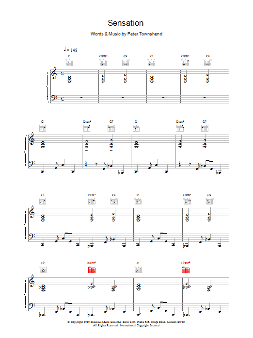 Learn to play The Who Sensation sheet music for Piano, Vocal & Guitar (Right-Hand Melody) in minutes. The Who Sensation sheet music notes and chords