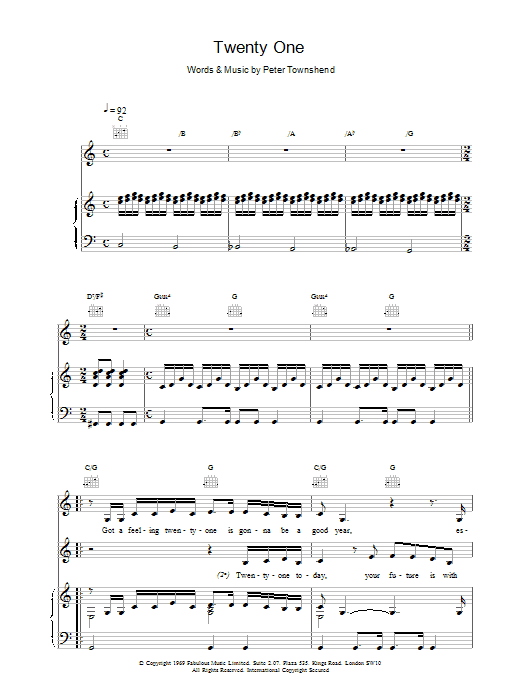 The Who Twenty One sheet music notes and chords. Download Printable PDF.