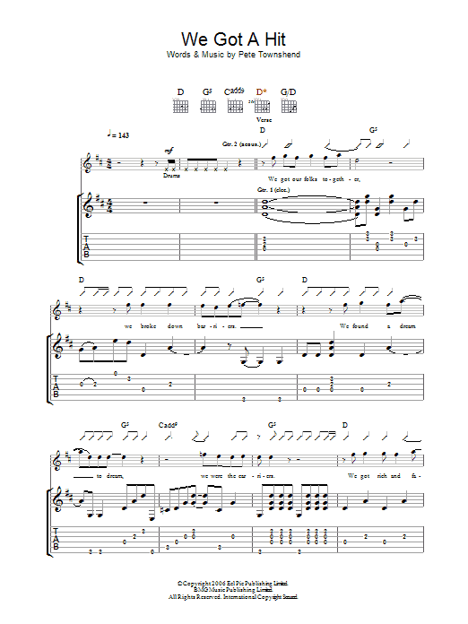 Learn to play The Who We Got A Hit sheet music for Guitar Tab in minutes. The Who We Got A Hit sheet music notes and chords. Download Printable PDF.