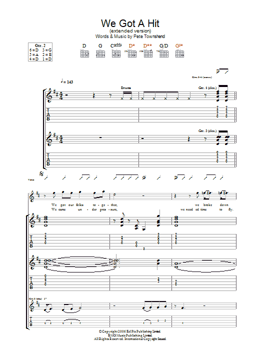 Learn to play The Who We Got A Hit (Extended Version) sheet music for Guitar Tab in minutes. The Who We Got A Hit (Extended Version) sheet music notes and chords. Download Printable PDF.