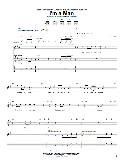 Learn to play The Yardbirds I'm A Man sheet music for Easy Guitar Tab in minutes. The Yardbirds I'm A Man sheet music notes and chords. Download Printable PDF.