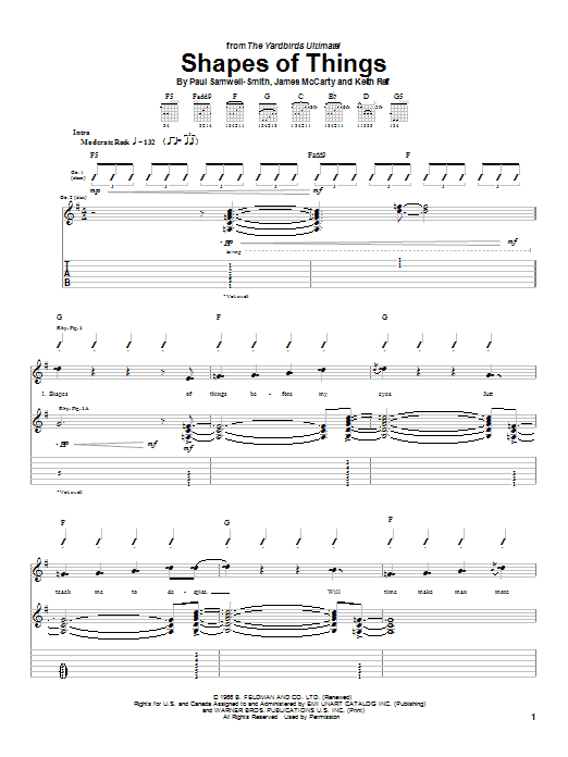 The Yardbirds Shapes Of Things sheet music notes and chords. Download Printable PDF.