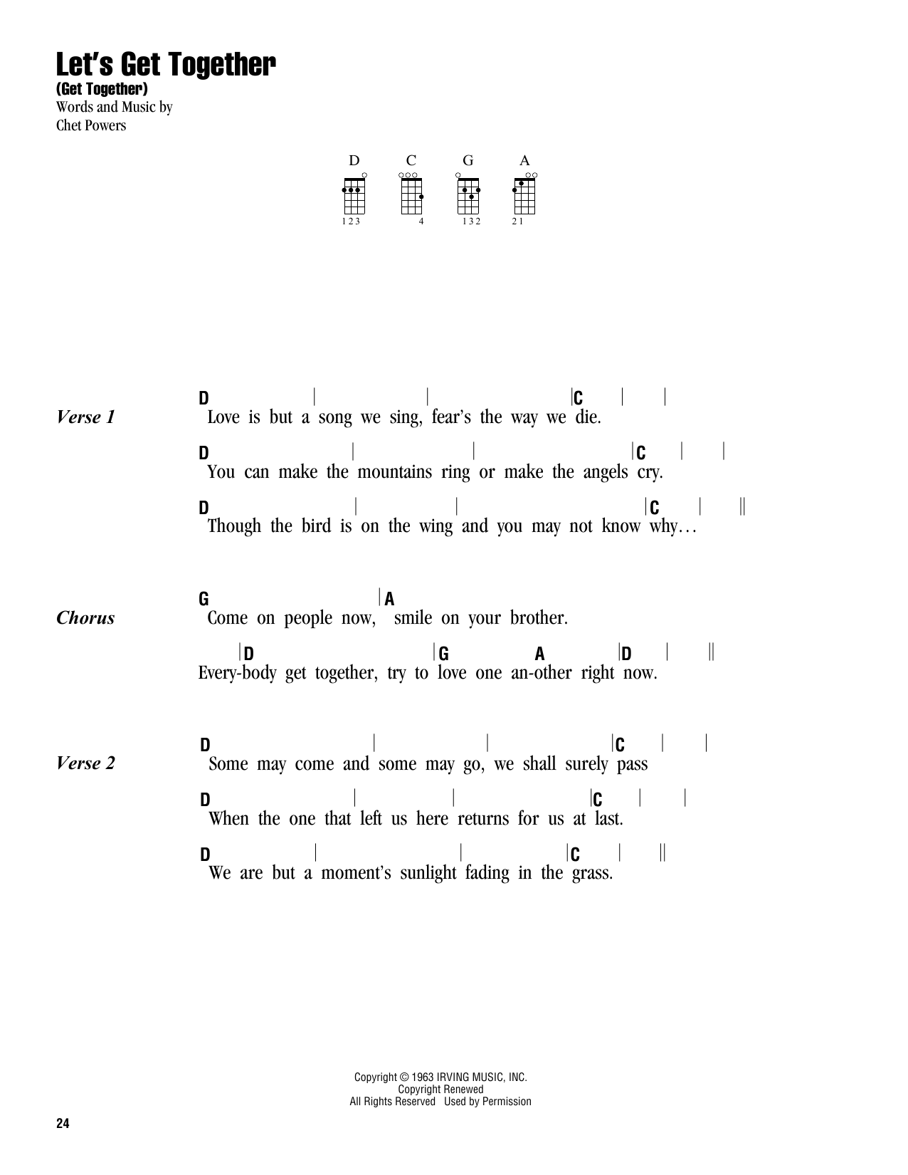 Learn to play The Youngbloods Let's Get Together (Get Together) sheet music for Lead Sheet / Fake Book in minutes. The Youngbloods Let's Get Together (Get Together) sheet music notes and chords. Download Printable PDF.