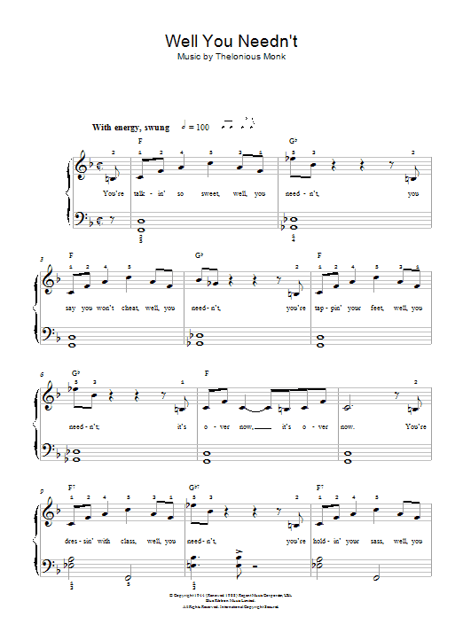 Thelonious Monk Well You Needn't (It's Over Now) sheet music notes and chords arranged for Beginner Piano (Abridged)