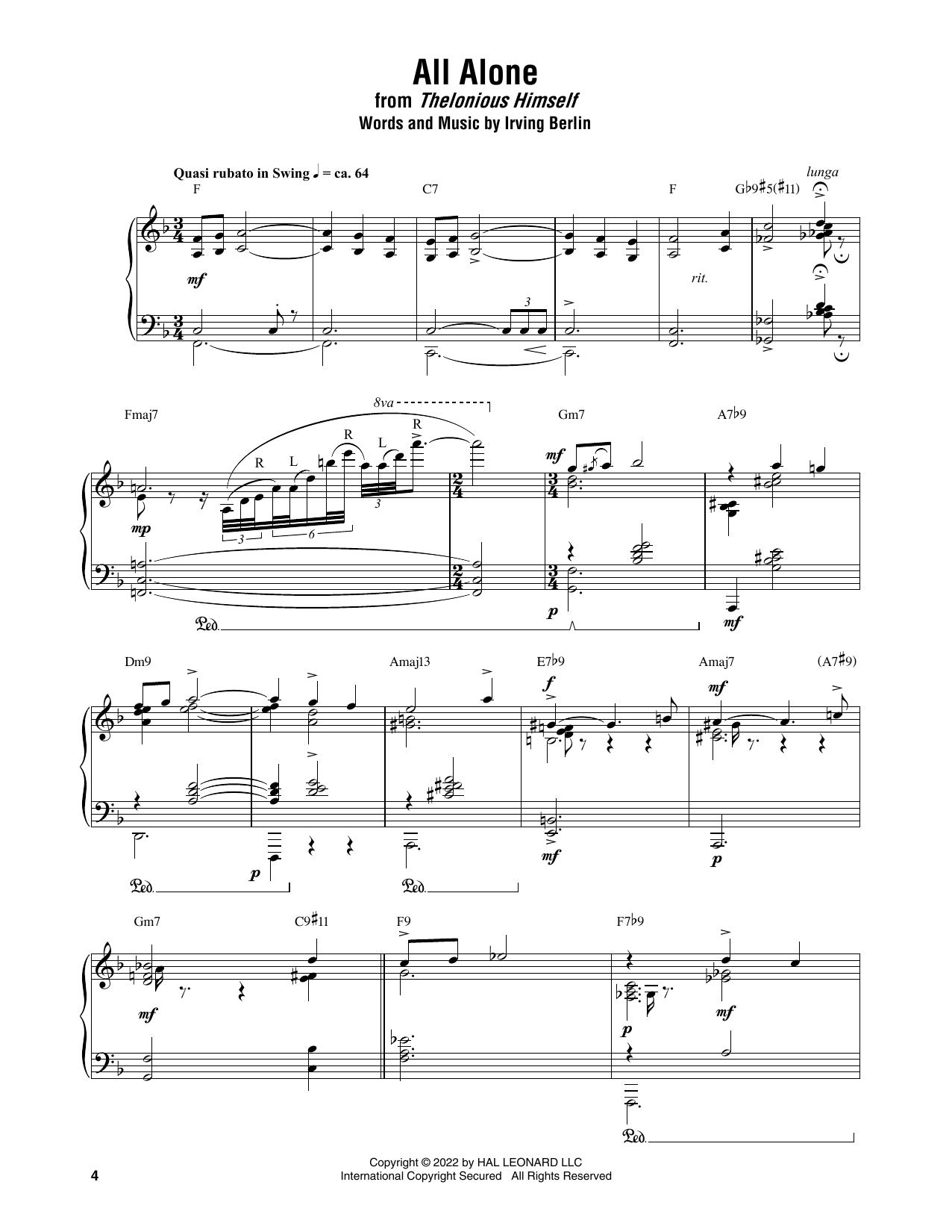 Thelonious Monk All Alone sheet music notes and chords. Download Printable PDF.