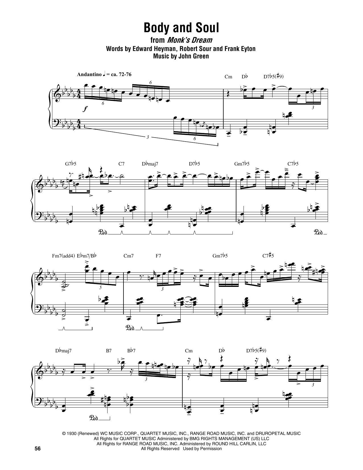 Thelonious Monk Body And Soul sheet music notes and chords. Download Printable PDF.