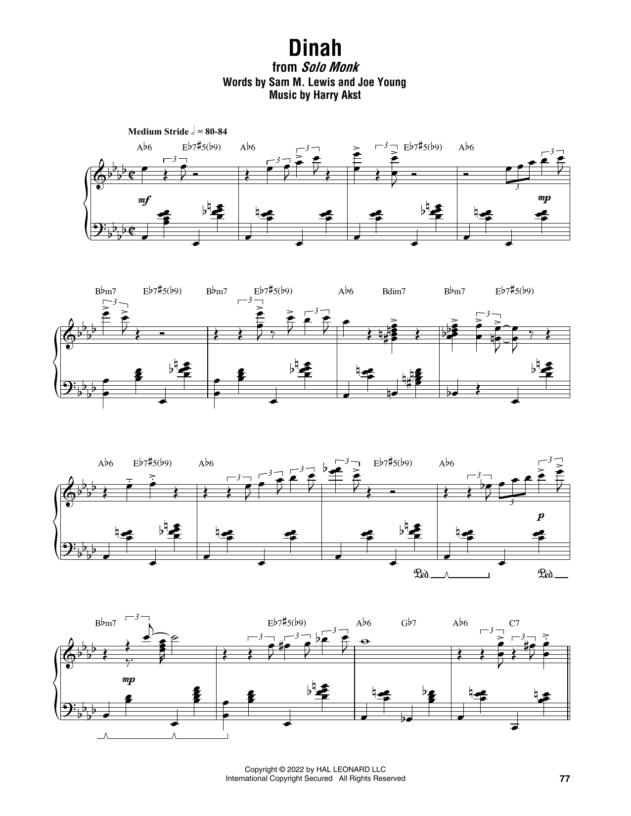 Thelonious Monk Dinah sheet music notes and chords. Download Printable PDF.