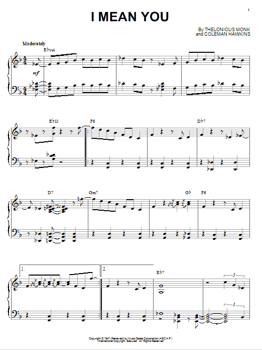 Thelonious Monk I Mean You sheet music notes and chords. Download Printable PDF.