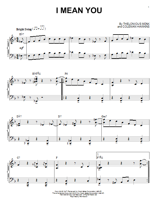 Learn to play Thelonious Monk I Mean You (arr. Brent Edstrom) sheet music for Piano Solo in minutes. Thelonious Monk I Mean You (arr. Brent Edstrom) sheet music notes and chords. Download Printable PDF.
