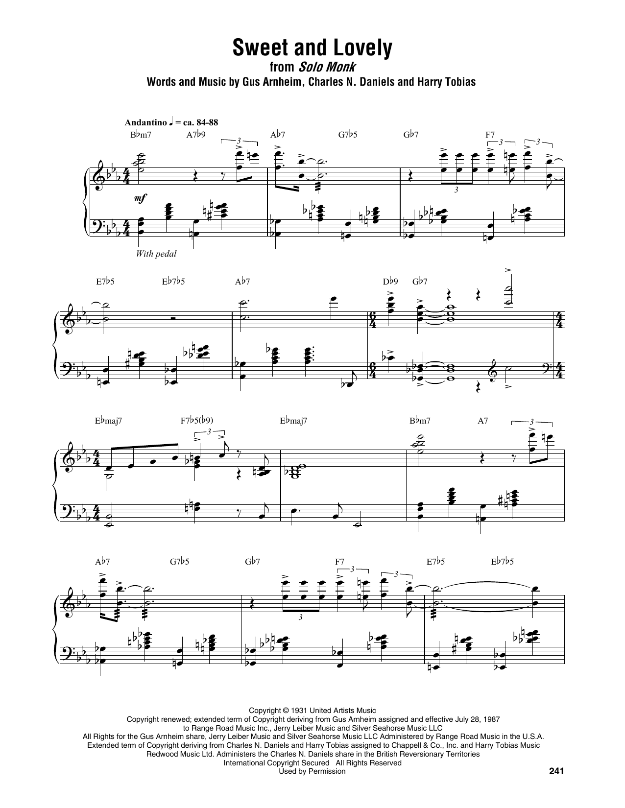 Thelonious Monk Sweet And Lovely sheet music notes and chords. Download Printable PDF.