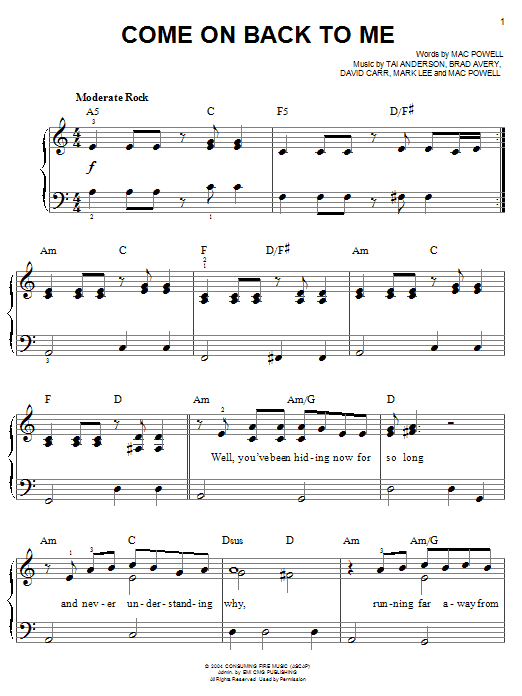 Third Day Come On Back To Me sheet music notes and chords. Download Printable PDF.