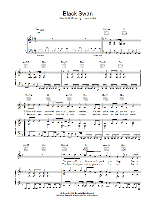 Thom Yorke Black Swan Sheet Music Pdf Notes Chords Rock Score Piano Vocal And Guitar Right 9566