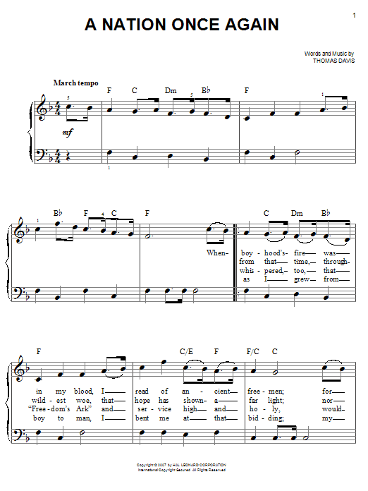 Learn to play Thomas Davis A Nation Once Again sheet music for Easy Piano in minutes. Price: 6.9900$ Thomas Davis A Nation Once Again sheet music notes and chords arranged for Easy Piano