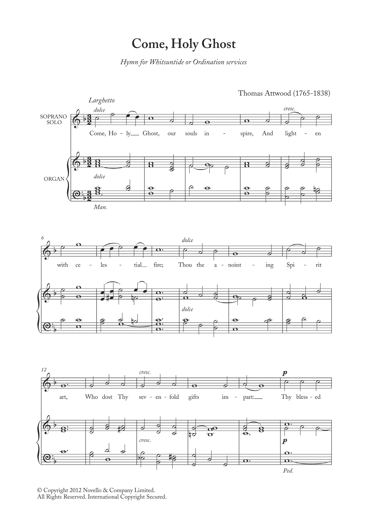 Thomas Attwood Come, Holy Ghost sheet music notes and chords. Download Printable PDF.