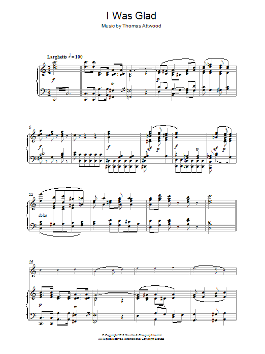 Thomas Attwood I Was Glad sheet music notes and chords. Download Printable PDF.