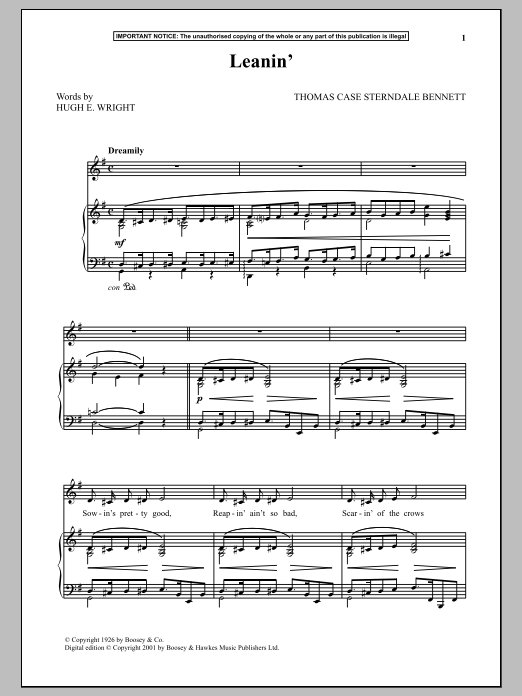 Learn to play Thomas Case Sterndale Bennett Leanin sheet music for Piano & Vocal in minutes. Price: 6.9900$ Thomas Case Sterndale Bennett Leanin sheet music notes and chords arranged for Piano & Vocal