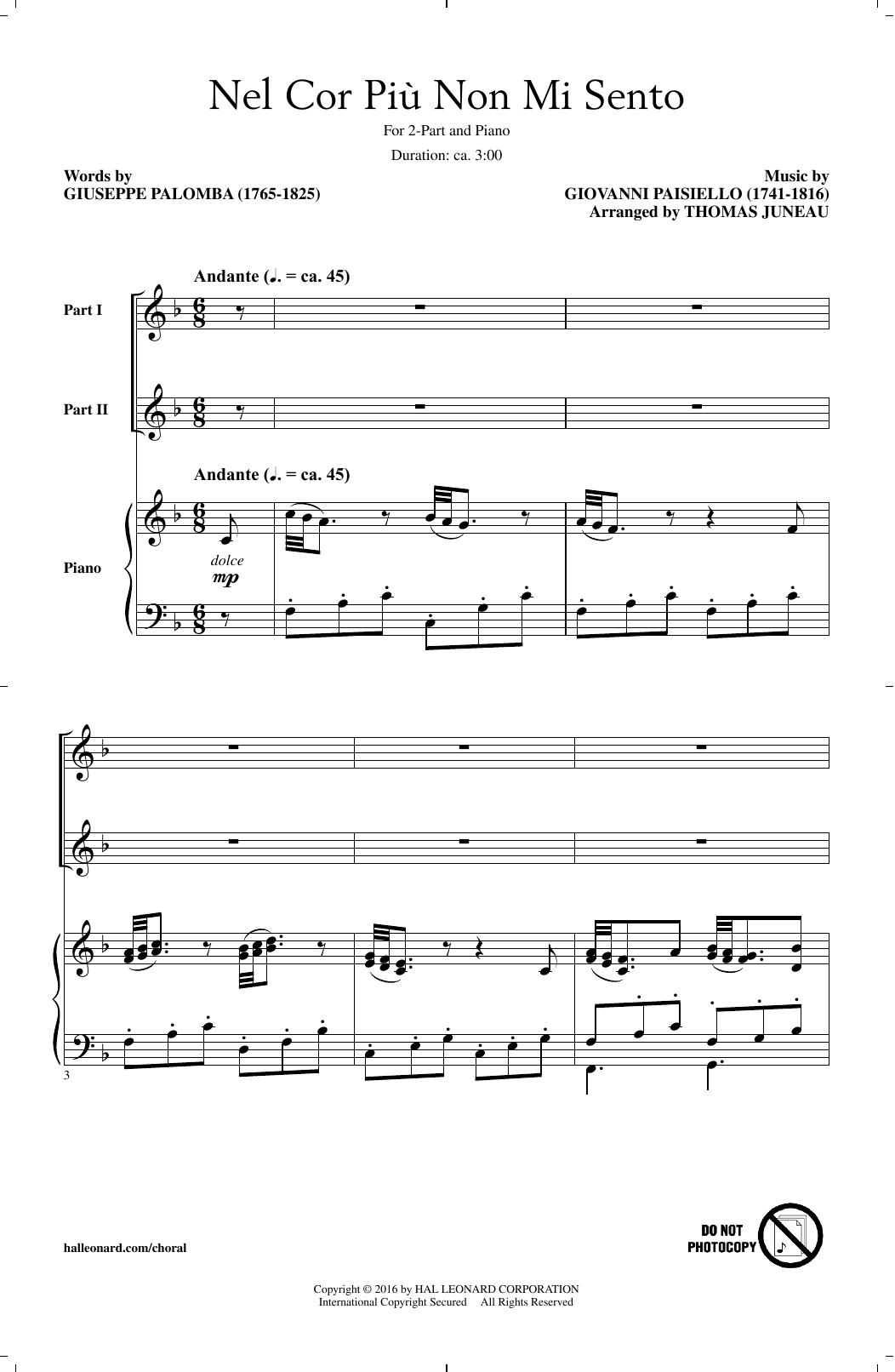 Learn to play Thomas Juneau Nel Cor Piu Non Mi Sento sheet music for 2-Part Choir in minutes. Price: 3.9900$ Thomas Juneau Nel Cor Piu Non Mi Sento sheet music notes and chords arranged for 2-Part Choir