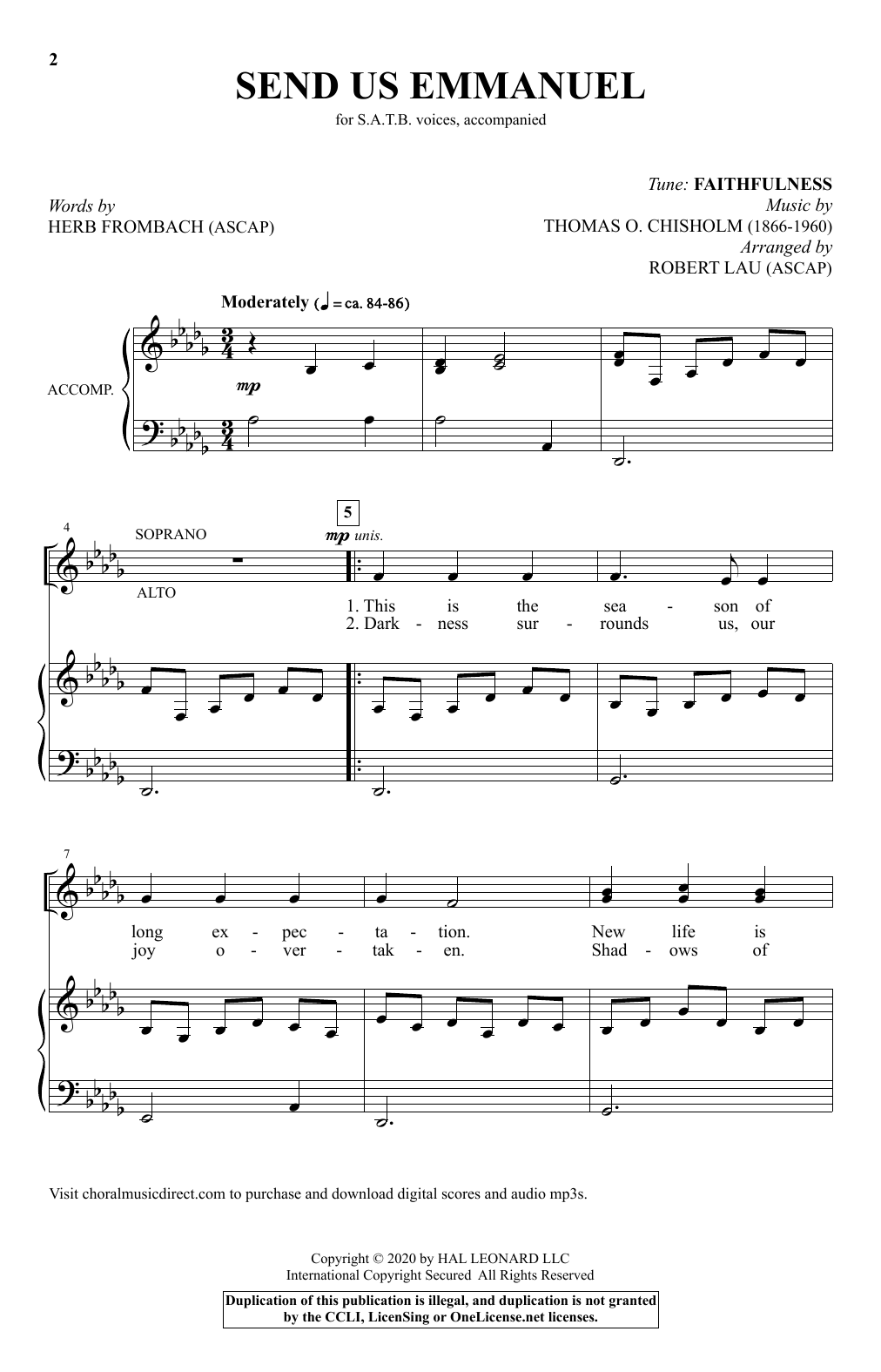 Learn to play Thomas O. Chisholm Send Us Emmanuel (arr. Robert Lau) sheet music for SATB Choir in minutes. Price: 3.9900$ Thomas O. Chisholm Send Us Emmanuel (arr. Robert Lau) sheet music notes and chords arranged for SATB Choir