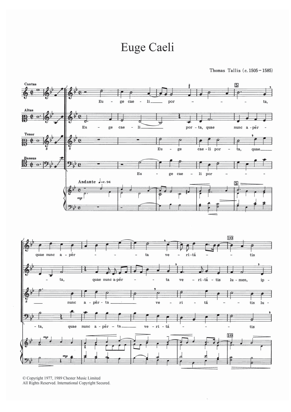 Thomas Tallis Euge Caeli sheet music notes and chords. Download Printable PDF.